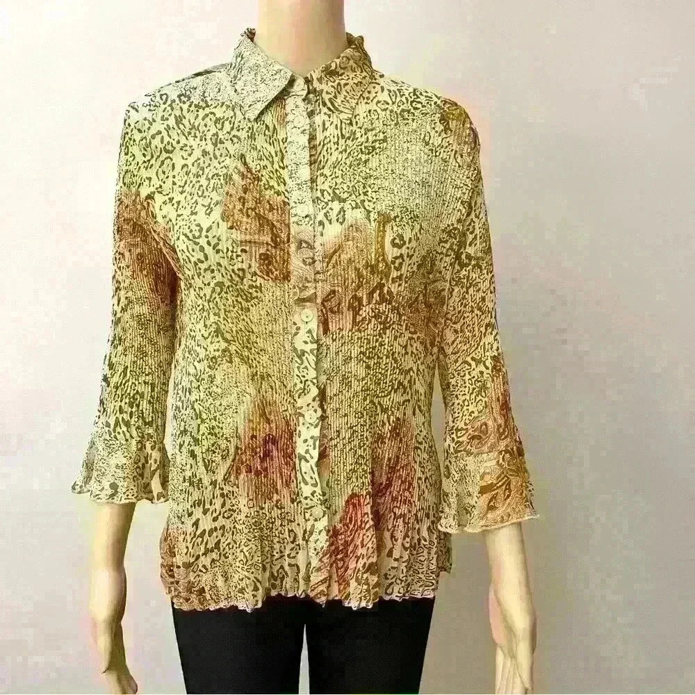 Vintage brown floral & animal prints button down  blouse.